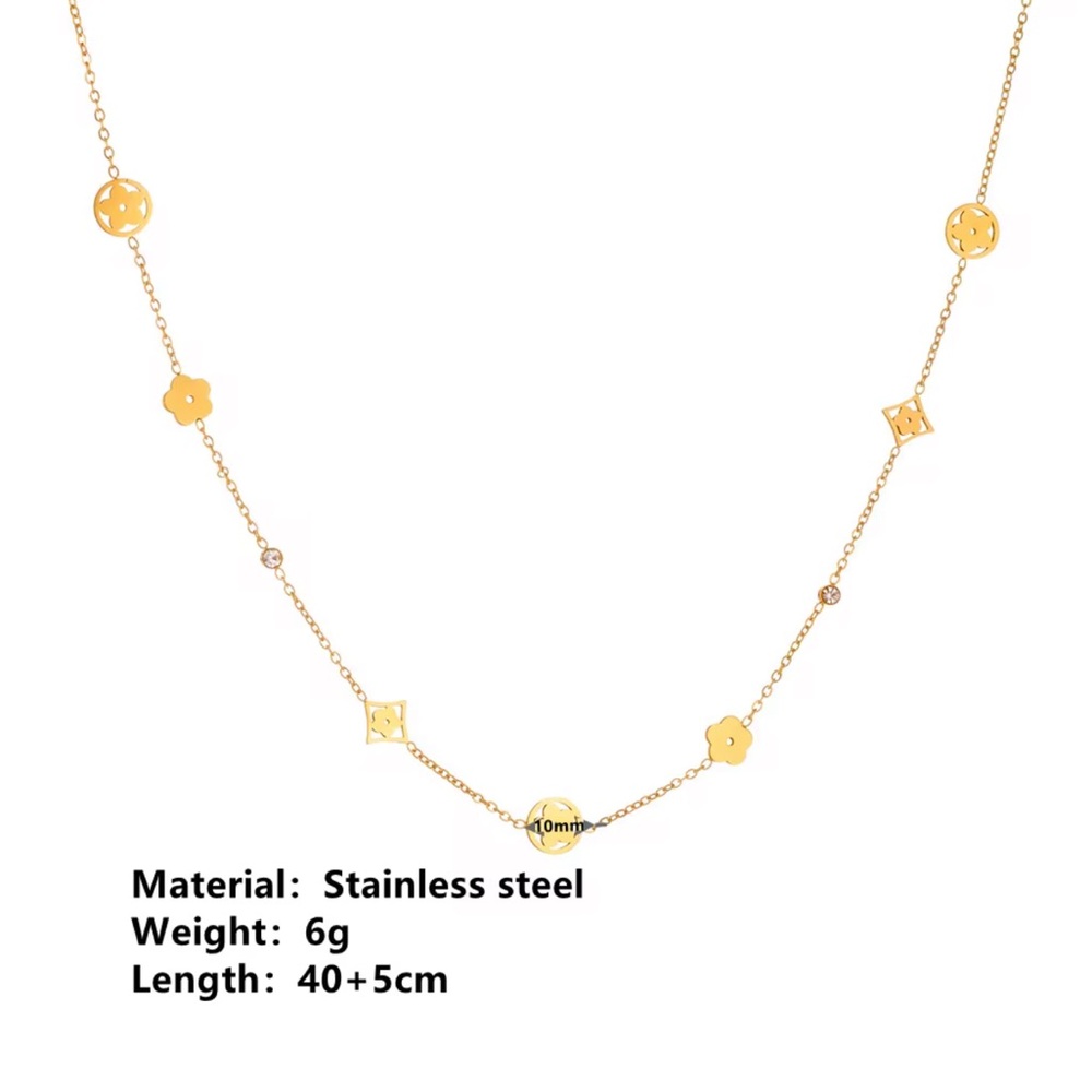 Gold Stainless Steel Clover Rhinestone Pendant Idylle Blossom Monogram Necklace - Picture 9 of 10